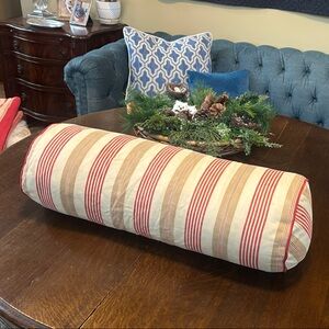 Antique Ticking Striped Red and Cream Bolster Pillow 27”x9”